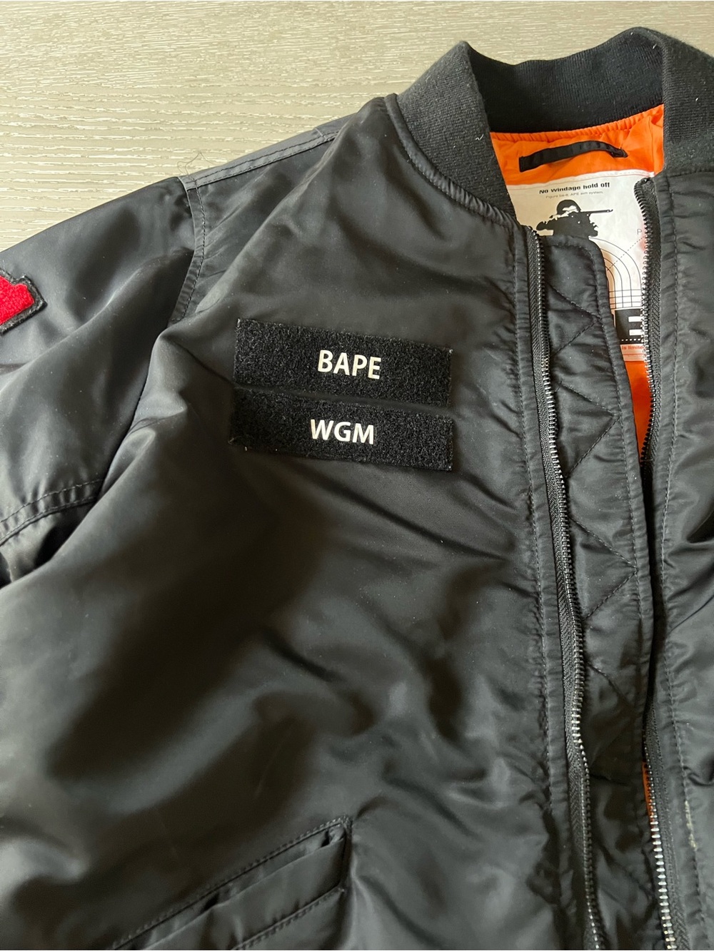 Bape Black Bomber Jacket with Multicolor WGM Sleeve and Tiger Arm Patch - Picture 6 of 7